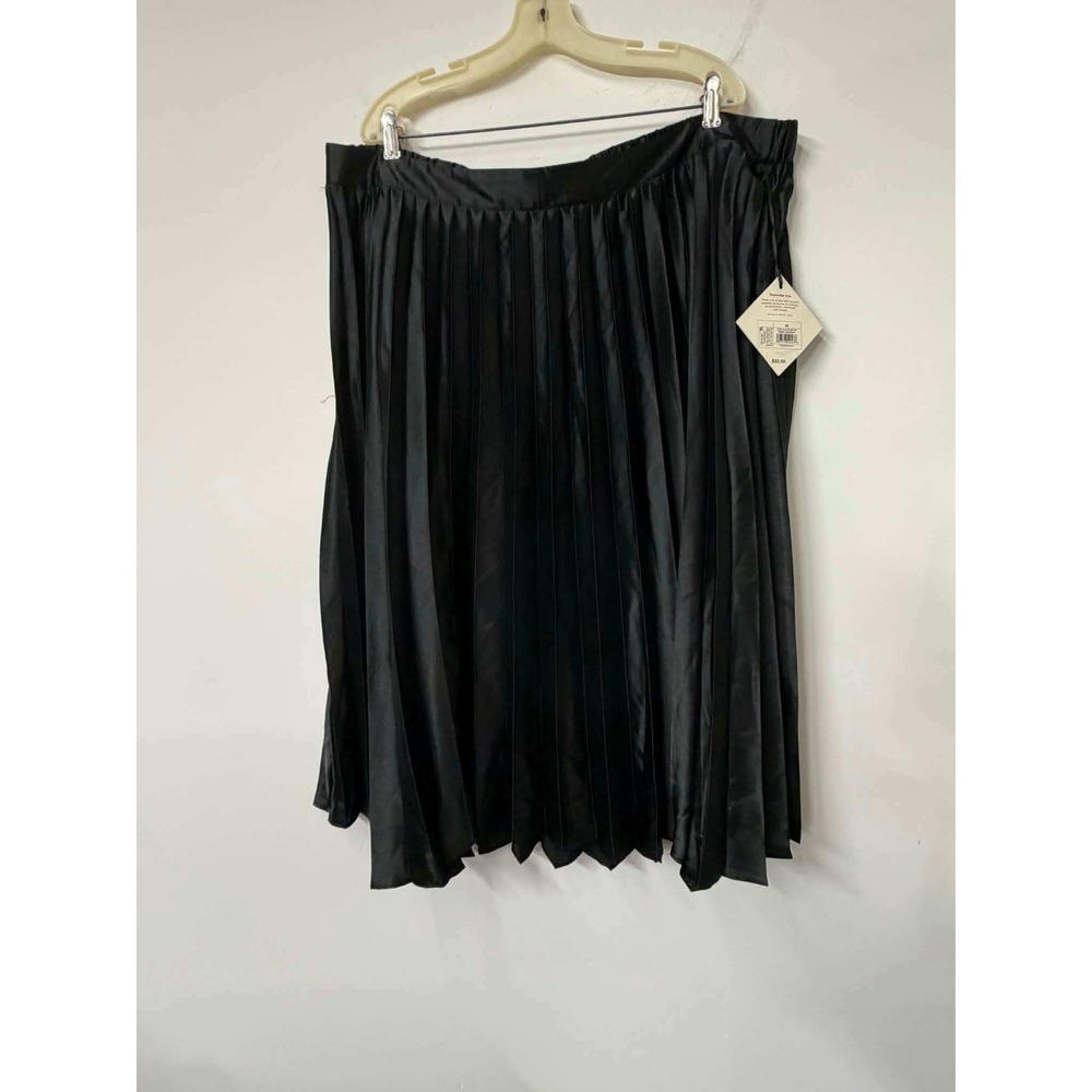 New Ava & Viv Plus 3X Black Pleated Satin Midi Skirt Jagged Hem Elastic Waist